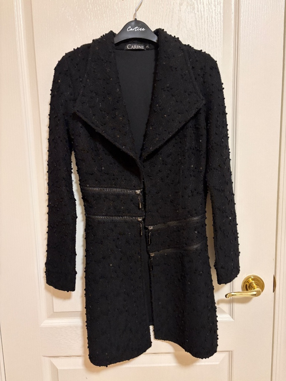 Women's Carine Black Jersey Knit Boucle Sequin Duster Jacket w/Zippers -SMALL